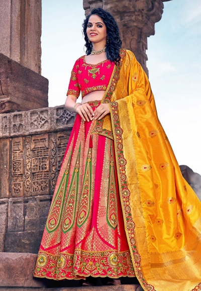 WILLFE Women's Kanjivaram Silk Traditional Lehenga Choli, Unstitched Lehenga  Choli, Half Saree (Yellow Pink) : Amazon.in: Fashion