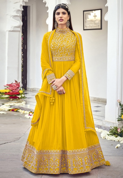 Yellow Readymade Lucknowi Bridal Anarkali Gown SFKN60310R – ShreeFashionWear