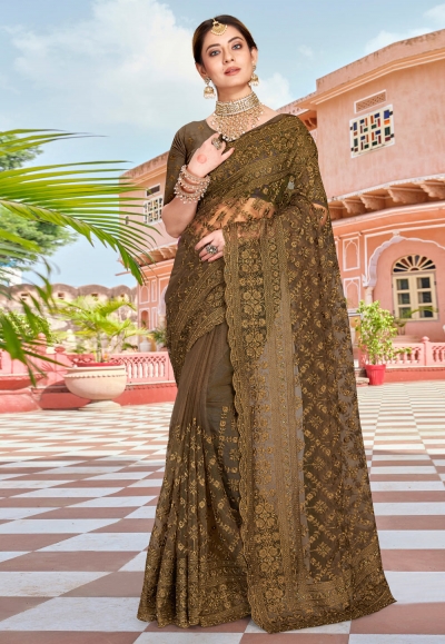 Light Brown and Red Georgette Saree with Badla Work|Desically Ethnic