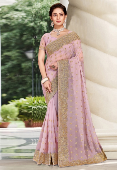 Women Pink Solid Georgette Saree with Mirror Work Border - HA_VASTRA_PINK