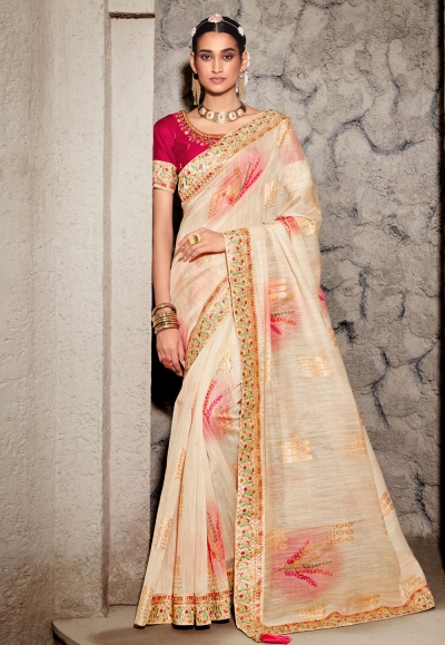 Cream Color Saree With Beautiful Red Blouse | Ethnicroop