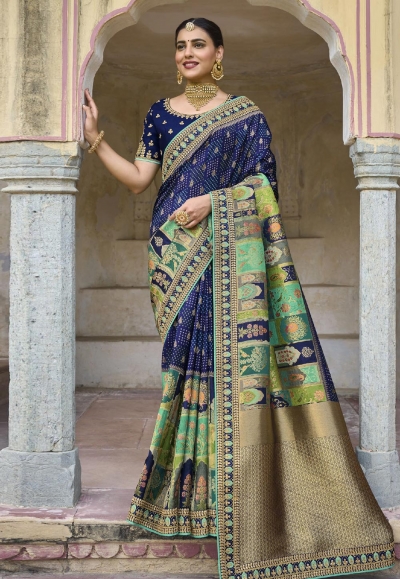 Blue floral printed Japan satin saree – Sarees By Muhurat