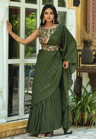 Bottle Green Pure Banarasi Khaddi Georgette Saree - Aura Benaras