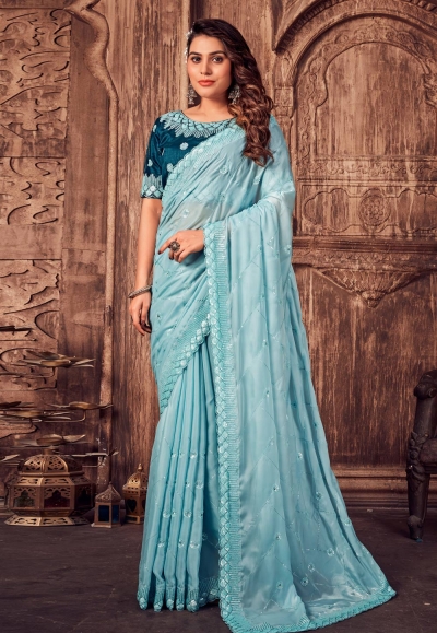 Blue Crepe Silk Saree with Stone Work - Frontier Heritage