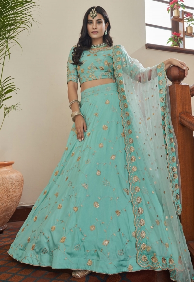 Party Wear Sky Blue Color Sequence Embroidered Work Lehenga