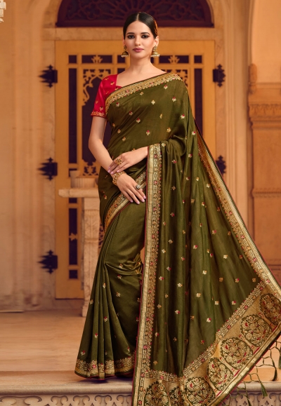 Silk Saree with blouse in Mehndi colour 4111