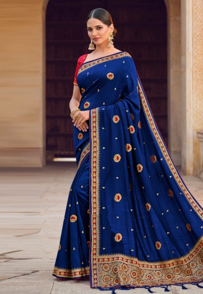 Chiffon Saree with blouse in Navy blue colour 4113