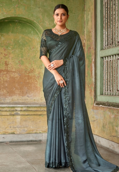 Opulent Grey Satin Saree - sr16950