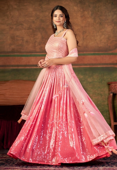 Buy Pink Georgette Embroidered Lehenga Choli For Engagement Online