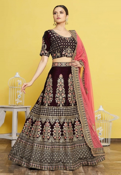 Indian Wedding Lehenga Choli in Wine Color With Sequence Embroidery in USA,  UK, Malaysia, South Africa, Dubai, Singapore