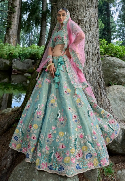 Blue And Pink Reshamkari Embroidered Wedding Lehenga Choli | Blue lehenga,  Lehenga choli, Designer lehenga choli