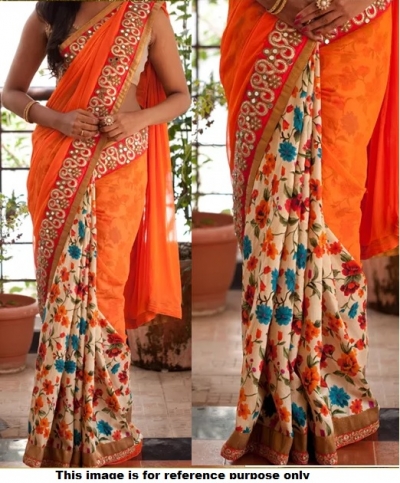 Buy Inspired Style Orange Color Half And Half Georgette Floral Saree In Uk Usa And Canada