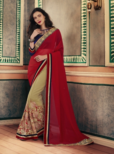Party-wear-Red-Chikoo-color-saree