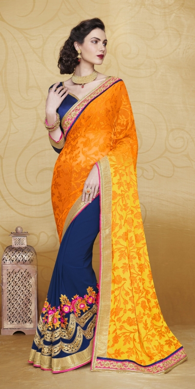 Buy HIYANENTERPRISE Printed Bollywood Silk Blend Blue, Orange Sarees Online  @ Best Price In India | Flipkart.com