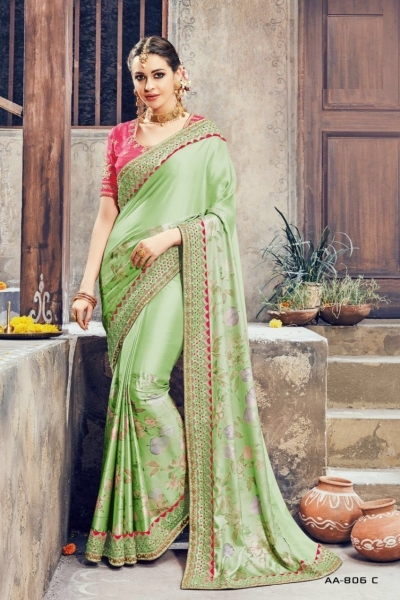 Lime Green With Pink Border Silk Traditional Saree – paanericlothing