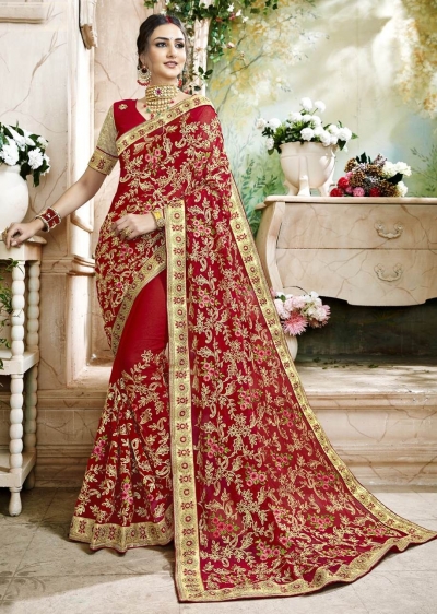 Red Faux Georgette Traditional Embroidered Indian Wedding Saree 7501