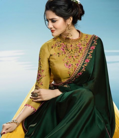 Buy Dark green Color Barfi silk designer party wear saree in UK, USA ...