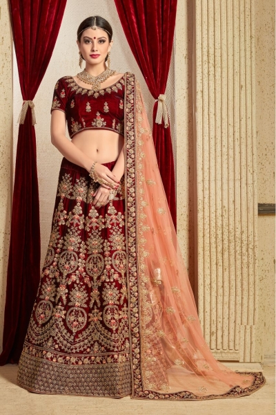 Mustard and Maroon Velvet Lehenga Embellished with Floral Embroideries,  Paired with Dupatta