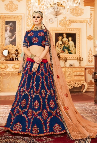 Royal Blue & Red Embroidered Lehenga Set - NADIMA SAQIB - 4223907