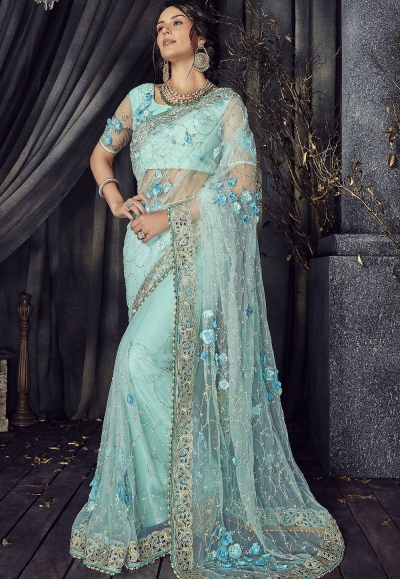Buy Sky blue Color net designer party wear saree in UK, USA and Canada