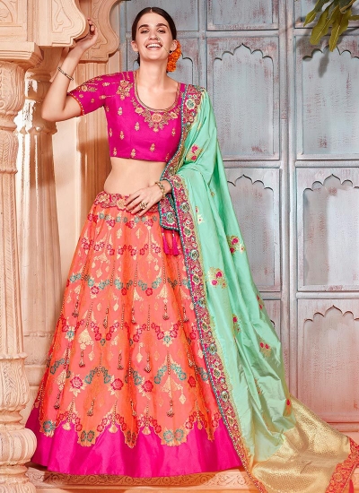 Peach and pink Banarasi silk wedding lehenga choli