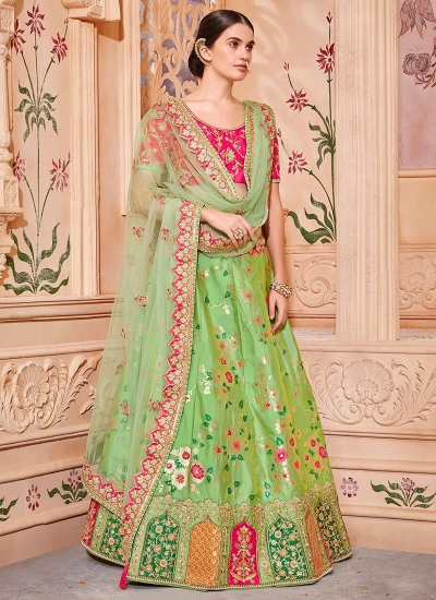 Pista green Banarasi silk wedding lehenga choli