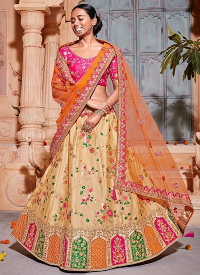 Cream and Orange Banarasi silk wedding lehenga choli