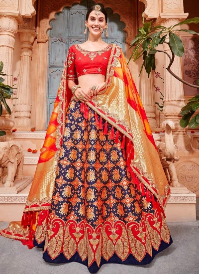 Blue and red Banarasi silk wedding lehenga choli