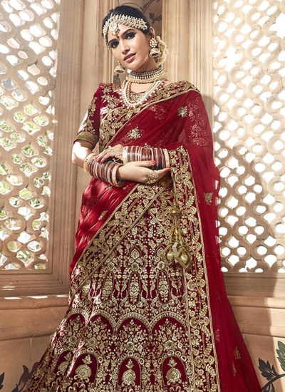 Dark maroon velvet embroidered heavy designer Indian wedding lehenga ...