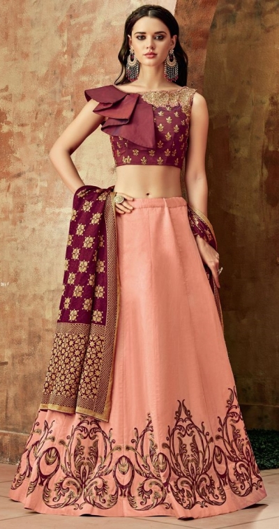 Indian wedding peach and maroon silk wedding lehenga 7707