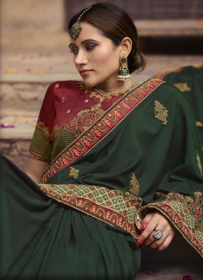 Buy Dark green Barfi silk Indian wedding Saree in UK, USA and Canada