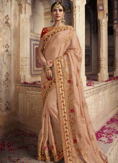 Peach Color Dola Silk Wedding Wear Saree