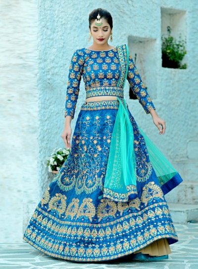 Buy Harbour blue silk Indian wedding lehenga in UK, USA and Canada
