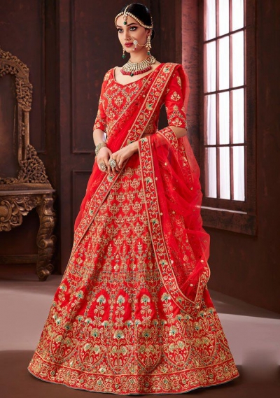 Buy Red color heavy work Indian wedding lehenga in UK, USA and Canada