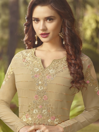 beige soft georgette long embroidered anarkali suit 20018