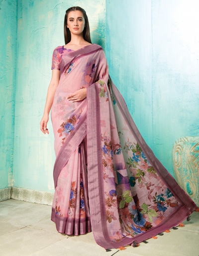 Stylee Lifestyle Green Linen Printed Saree | Laxmipati Floral Print Saree |  3d-mon.com