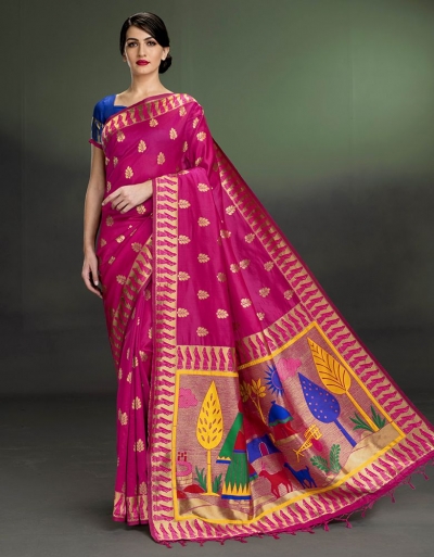 Regal Leaf Motif Rani Pink Saree