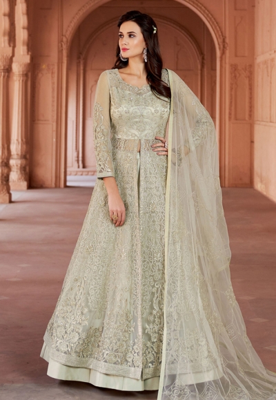 Pearl white embellished Indo western gown.