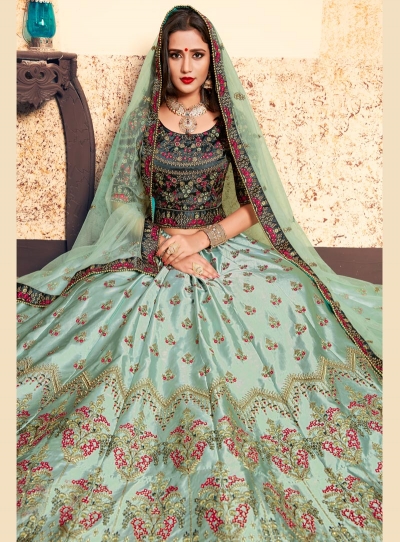 sea green satin circular lehenga choli 1602