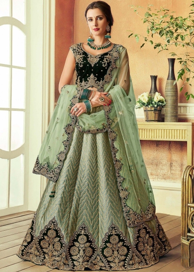 Green weaved silk velvet Indian wedding lehenga choli 7805