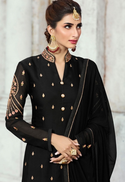 black satin georgette straight palazzo style suit 16103