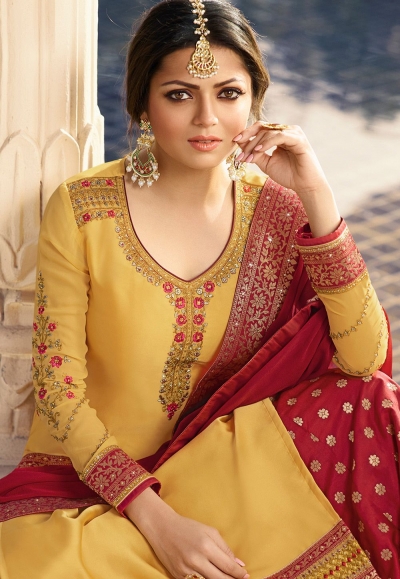 drashti dhami yellow red satin georgette lehenga style suit 3307