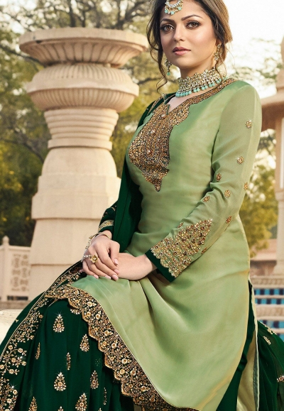 drashti dhami green satin georgette embroidered sharara style suit 3605